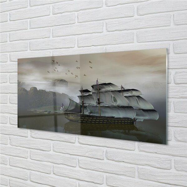 Quadro in vetro Montagna nave mare 100x50 cm 2 appendini