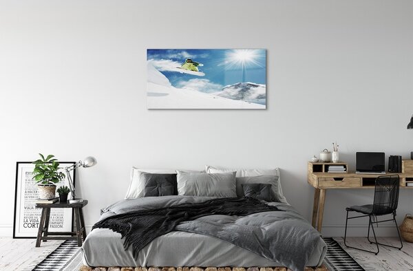Quadro in vetro Snow board uomo di montagna 100x50 cm 2 appendini