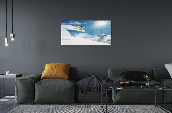 Quadro in vetro Snow board uomo di montagna 100x50 cm 2 appendini