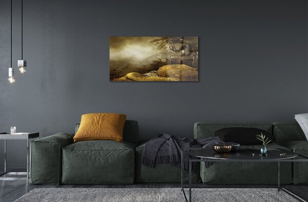 Quadro in vetro Drago montagne nuvole oro 100x50 cm 2 appendini