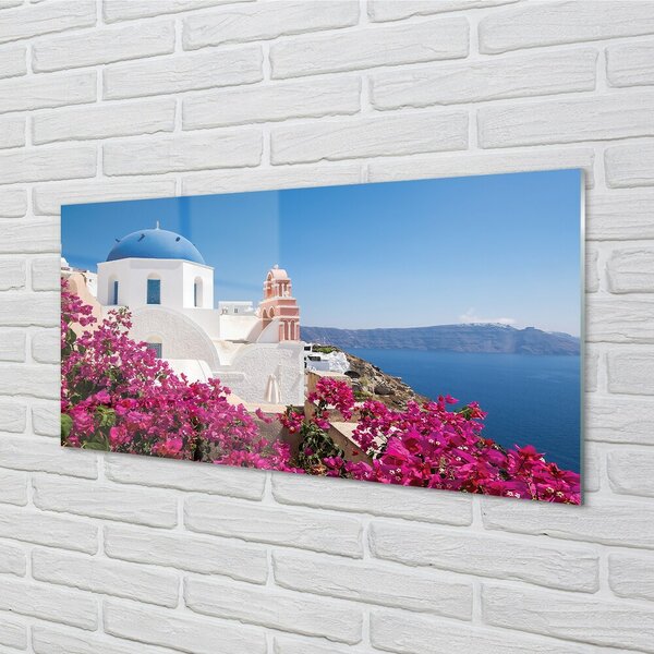 Quadro su vetro Grecia fiori mare edifici 100x50 cm 2 appendini