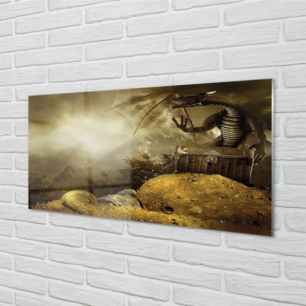 Quadro in vetro Drago montagne nuvole oro 100x50 cm 2 appendini