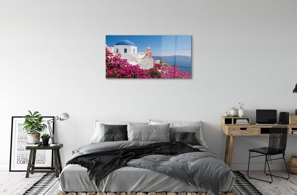 Quadro su vetro Grecia fiori mare edifici 100x50 cm 2 appendini