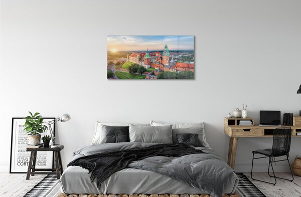 Quadro in vetro Panorama del castello di cracovia all'alba 100x50 cm 2 appendini