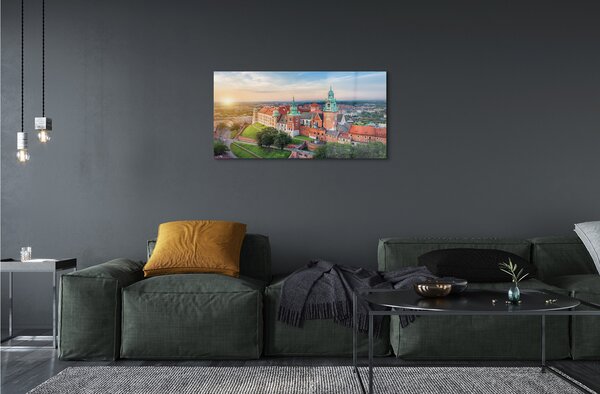 Quadro in vetro Panorama del castello di cracovia all'alba 100x50 cm 2 appendini