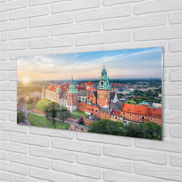 Quadro in vetro Panorama del castello di cracovia all'alba 100x50 cm 2 appendini