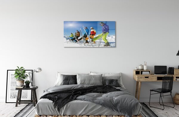 Quadro in vetro Sciatori montagne invernali 100x50 cm 2 appendini