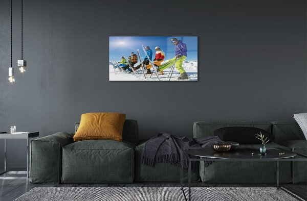 Quadro in vetro Sciatori montagne invernali 100x50 cm 2 appendini