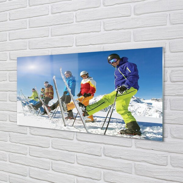 Quadro in vetro Sciatori montagne invernali 100x50 cm 2 appendini