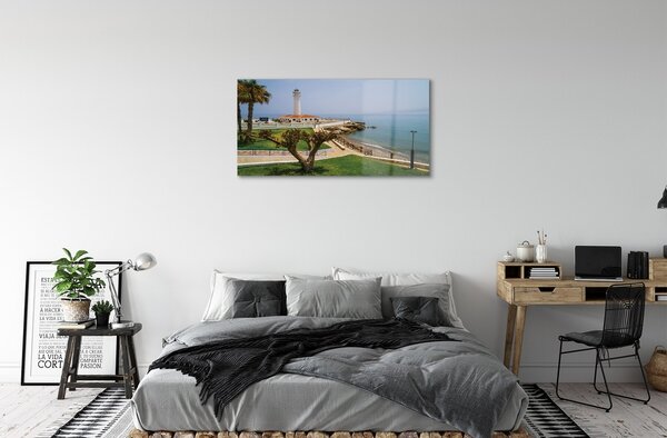 Quadro su vetro Faro della costa spagnola 100x50 cm 2 appendini