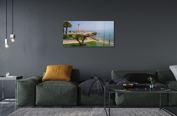 Quadro su vetro Faro della costa spagnola 100x50 cm 2 appendini