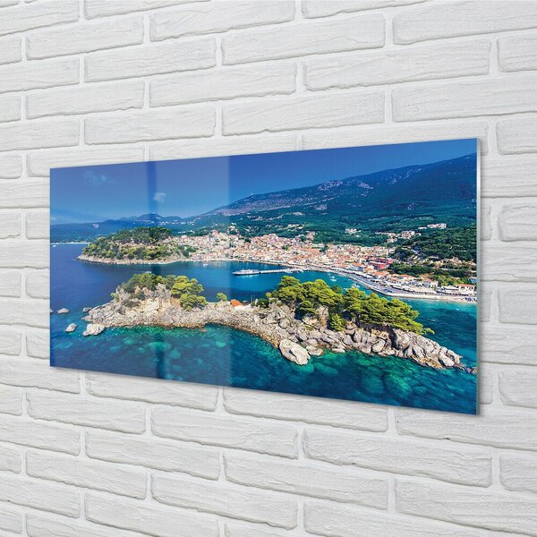 Quadro di vetro Grecia panorama città mare 100x50 cm 2 appendini