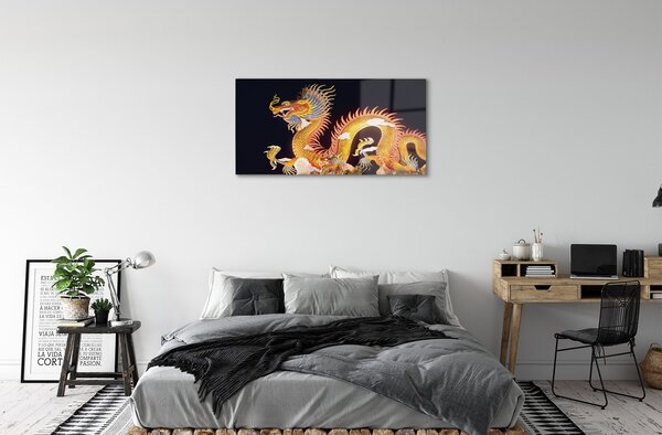 Quadro in vetro Drago giapponese dorato 100x50 cm 2 appendini