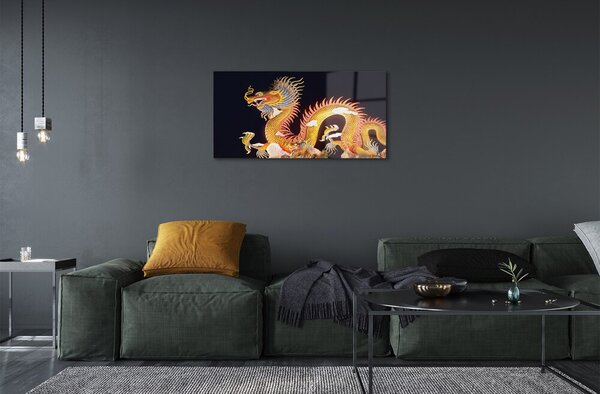 Quadro in vetro Drago giapponese dorato 100x50 cm 2 appendini