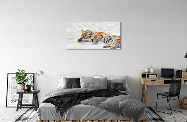 Quadro su vetro La neve invernale della tigre 100x50 cm 2 appendini