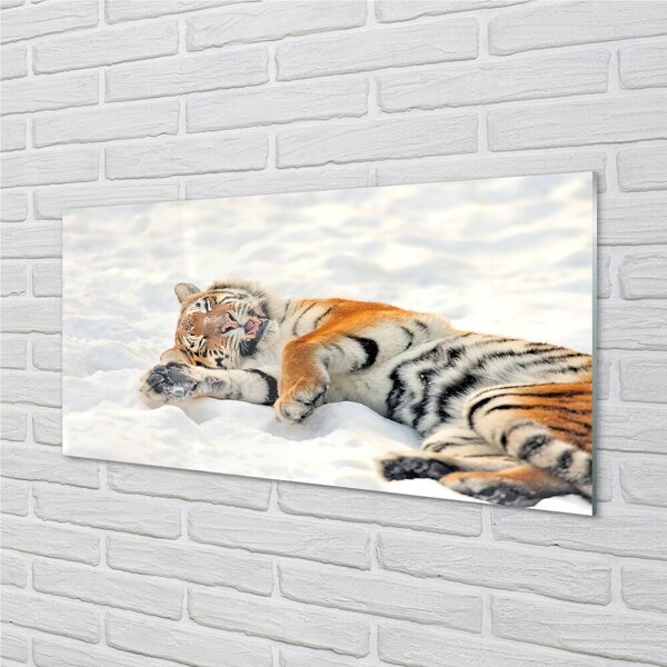 Quadro su vetro La neve invernale della tigre 100x50 cm 2 appendini