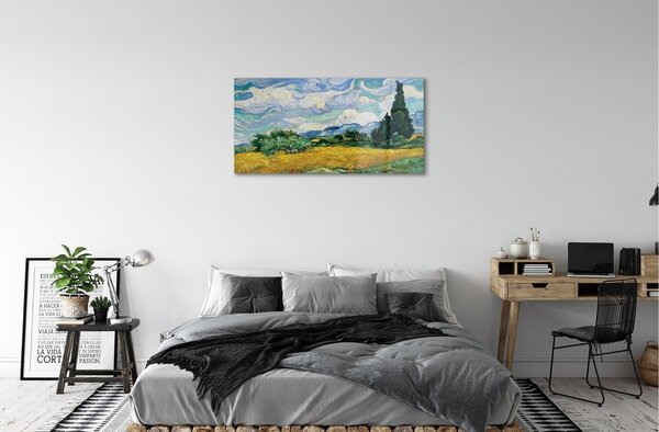 Quadro di vetro Campo di grano con cipressi - vincent van gogh 100x50 cm 2 appendini
