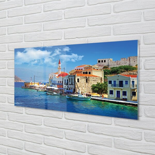 Quadro su vetro Grecia costa montagne mare 100x50 cm 2 appendini