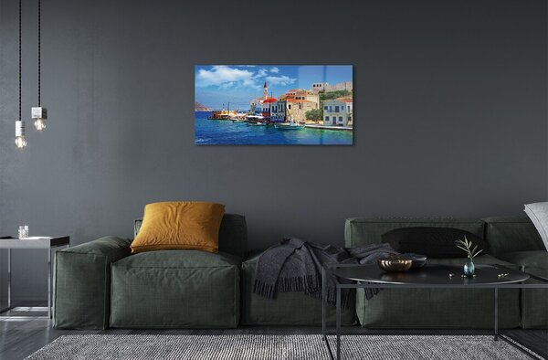 Quadro su vetro Grecia costa montagne mare 100x50 cm 2 appendini