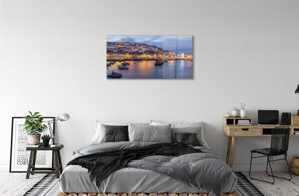 Quadro in vetro Città di notte nave mare 100x50 cm 2 appendini