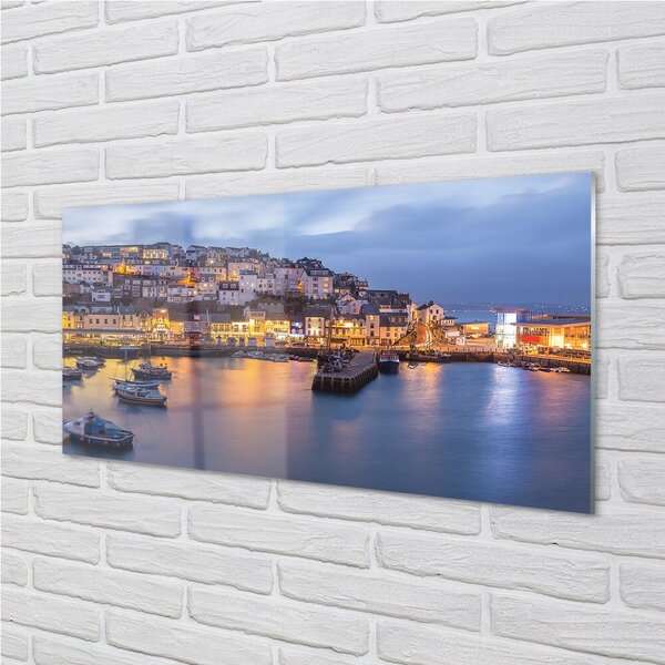 Quadro in vetro Città di notte nave mare 100x50 cm 2 appendini