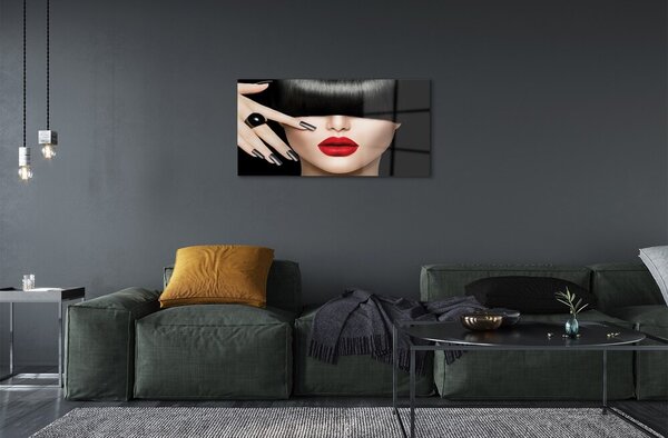 Quadro su vetro Frangia femminile bocca rossa 100x50 cm 2 appendini