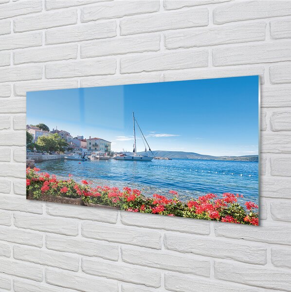Quadro vetro Mare nave cielo d'estate 100x50 cm 2 appendini