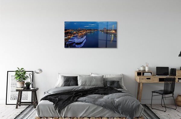 Quadro su vetro Nave mare città cielo notturno 100x50 cm 2 appendini