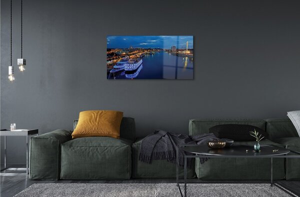 Quadro su vetro Nave mare città cielo notturno 100x50 cm 2 appendini