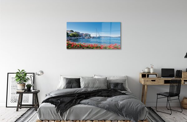 Quadro vetro Mare nave cielo d'estate 100x50 cm 2 appendini