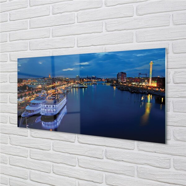 Quadro su vetro Nave mare città cielo notturno 100x50 cm 2 appendini