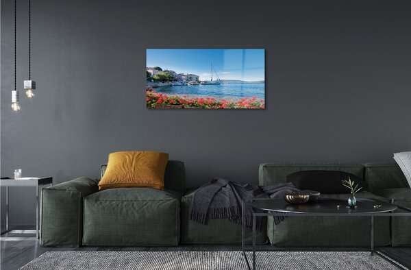 Quadro vetro Mare nave cielo d'estate 100x50 cm 2 appendini