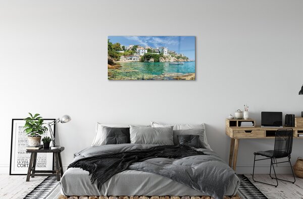Quadro su vetro Grecia mare città natura 100x50 cm 2 appendini