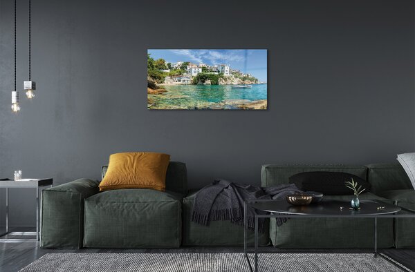 Quadro su vetro Grecia mare città natura 100x50 cm 2 appendini