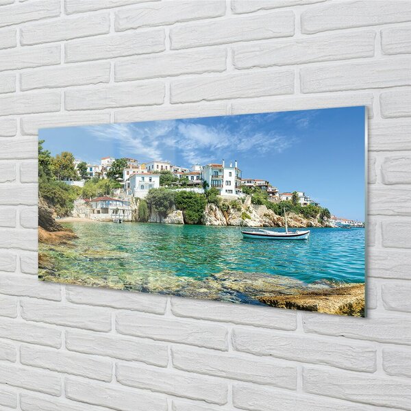 Quadro su vetro Grecia mare città natura 100x50 cm 2 appendini