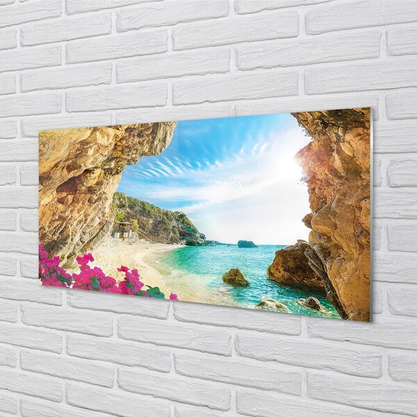 Quadro in vetro Grecia costa scogliere fiori 100x50 cm 2 appendini