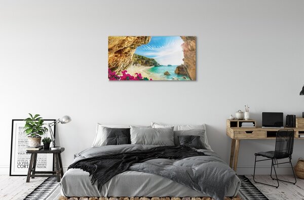 Quadro in vetro Grecia costa scogliere fiori 100x50 cm 2 appendini