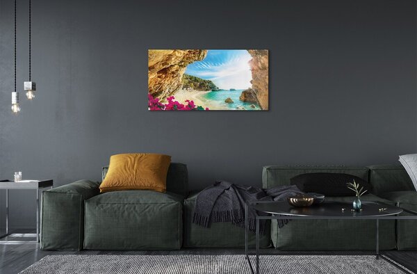 Quadro in vetro Grecia costa scogliere fiori 100x50 cm 2 appendini