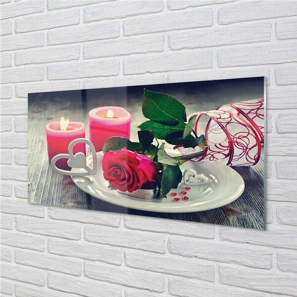 Quadro vetro Candele a forma di cuore di rosa 100x50 cm 2 appendini