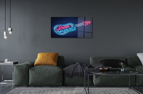 Quadro in vetro Insegna al neon per chitarra 100x50 cm 2 appendini