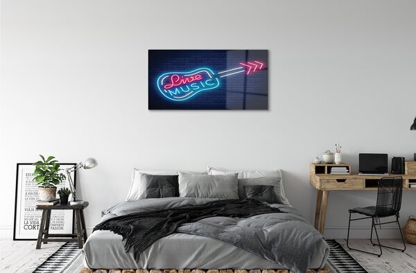 Quadro in vetro Insegna al neon per chitarra 100x50 cm 2 appendini