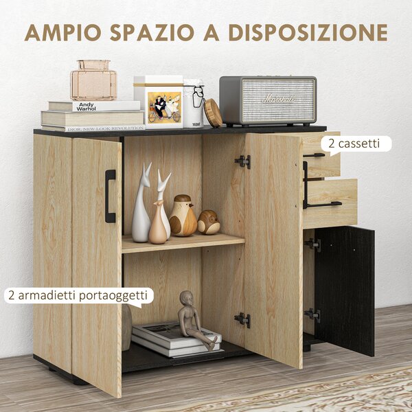 Credenza cucina versatile moderna con mensola regolabile su 3 livelli, 2 Armadietti e 2 Cassetti in Legno, 90x30x75.5cm, Noce e Nero | Aosom Italy