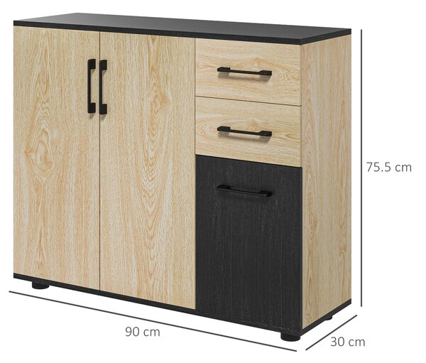 Credenza cucina versatile moderna con mensola regolabile su 3 livelli, 2 Armadietti e 2 Cassetti in Legno, 90x30x75.5cm, Noce e Nero | Aosom Italy