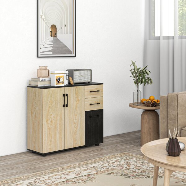 Credenza cucina versatile moderna con mensola regolabile su 3 livelli, 2 Armadietti e 2 Cassetti in Legno, 90x30x75.5cm, Noce e Nero | Aosom Italy