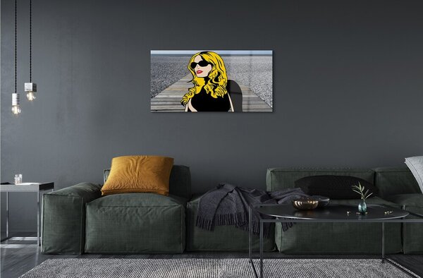 Quadro su vetro Donna occhiali neri labbra rosse 100x50 cm 2 appendini