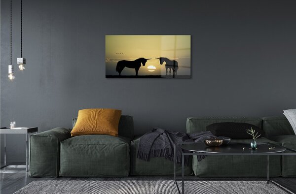 Quadro vetro Campo di unicorni al tramonto 100x50 cm 2 appendini