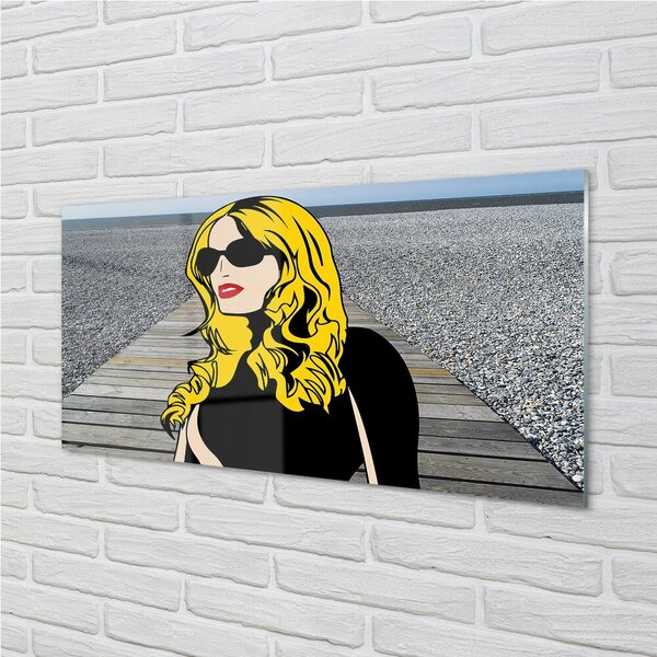 Quadro su vetro Donna occhiali neri labbra rosse 100x50 cm 2 appendini