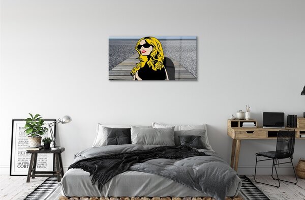 Quadro su vetro Donna occhiali neri labbra rosse 100x50 cm 2 appendini
