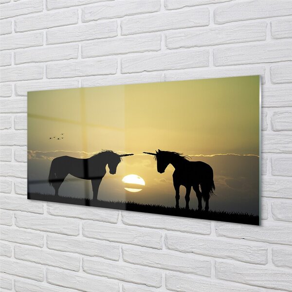 Quadro vetro Campo di unicorni al tramonto 100x50 cm 2 appendini