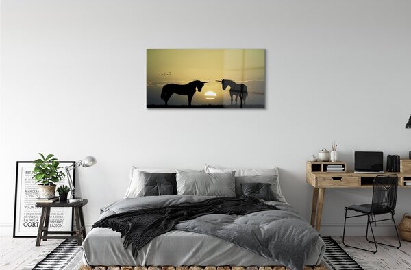 Quadro vetro Campo di unicorni al tramonto 100x50 cm 2 appendini